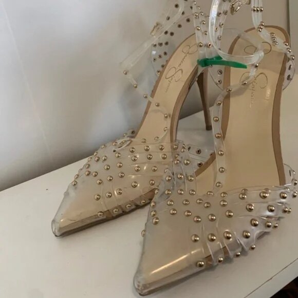 Jessica Simpson Rhinestone Clear Gold Studded Stiletto Heels Size 12 - Picture 3 of 3